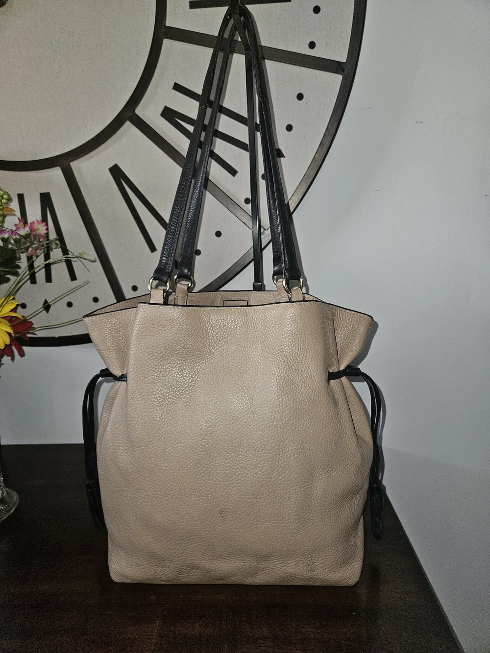 Women's Beige Tote Bag with Black Straps